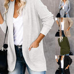 Dame Strikket Cardigan - Langærmet Løs Pasform - Åben Front med Store Lommer