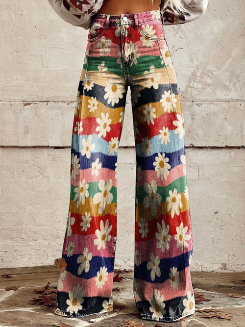 Vide Jeans | Bølget Blomsterprint | Retro og Livlig