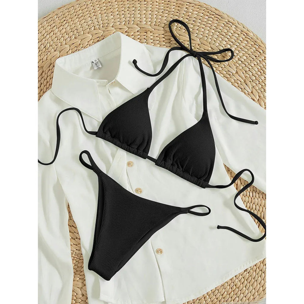 MODA Ensfarvet højtaljet halterneck-bikinier i pitstribet stof