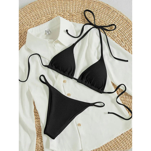 MODA Ensfarvet højtaljet halterneck-bikinier i pitstribet stof