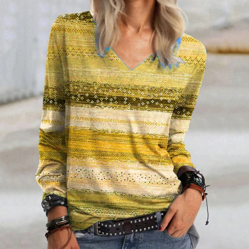 MODA elegant v-hals printet dame langærmet t shirt