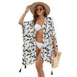 MODA Sort kimono med bladprint, v-hals og kvaster