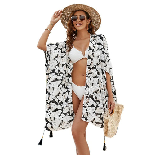 MODA Sort kimono med bladprint, v-hals og kvaster