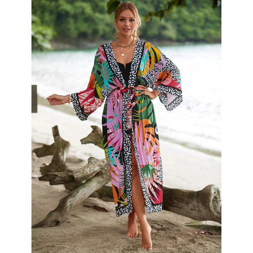 MODA Sort chiffon-kimono med print og v-hals