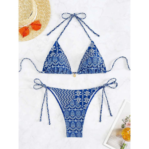 MODA Blomstret blå mønsterprint med halterneck og stropper til bikinier