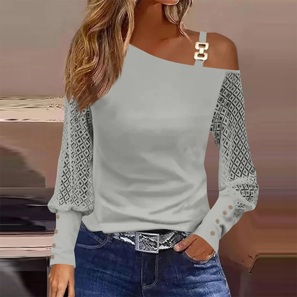 MODA elegant sort printet dame langærmet t shirt