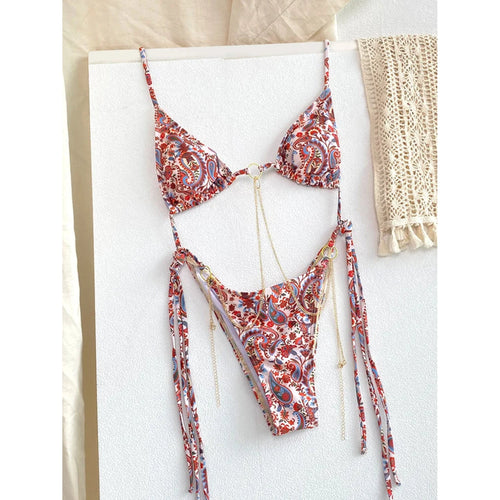 MODA Blomsterprintet todelt trekantet bikinier med kæder