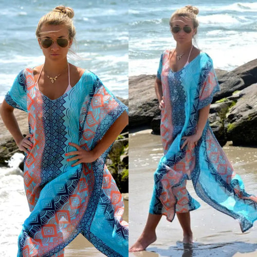 MODA blå printet letvægts-kimono med v-hals