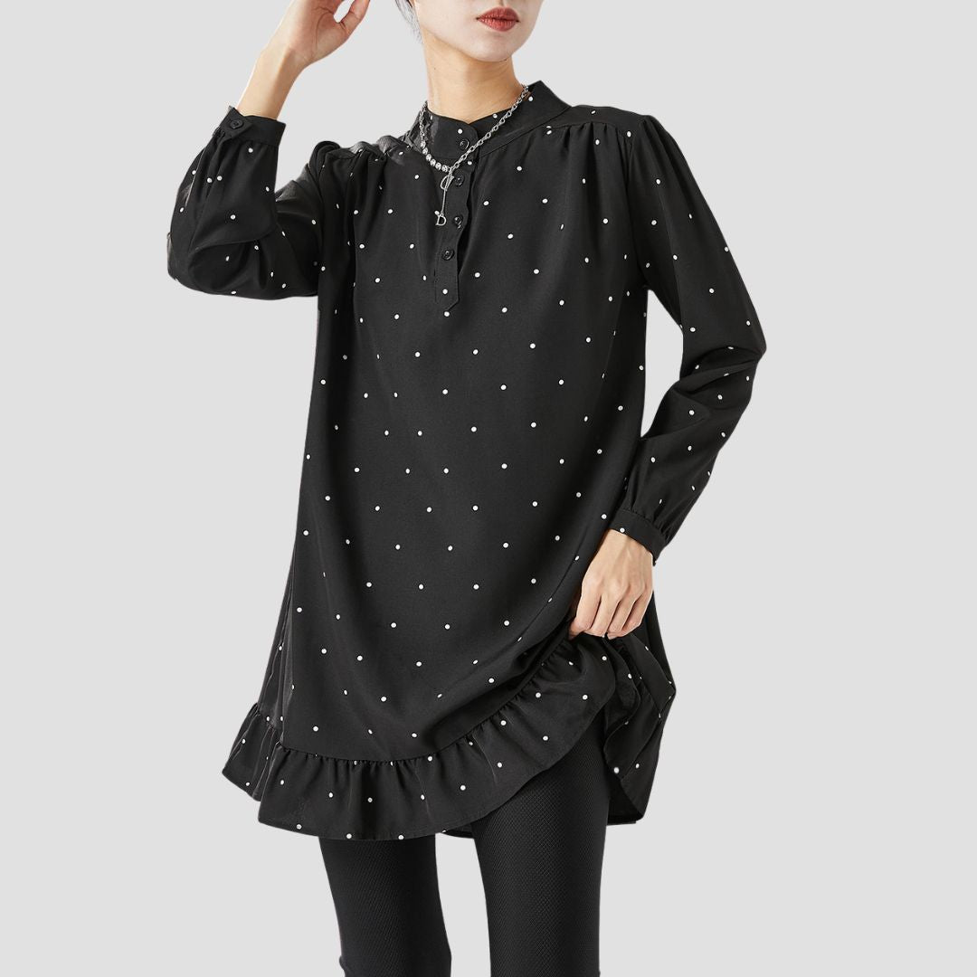 Sophie - Langærmet sort bluse med prikket mønster