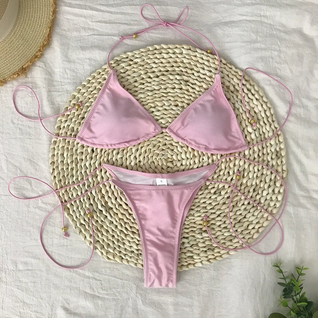MODA Ensfarvet mini bikinier med lange reb