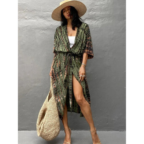 MODA gul printet foret kimono med bælte