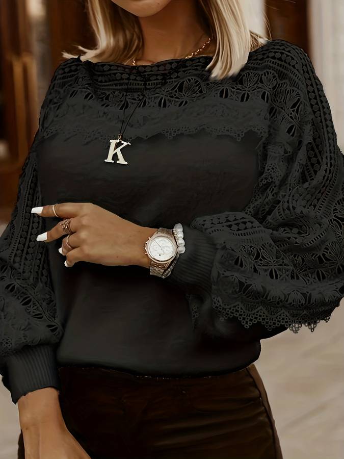 Langærmet T-shirt med udskårne blondesømme