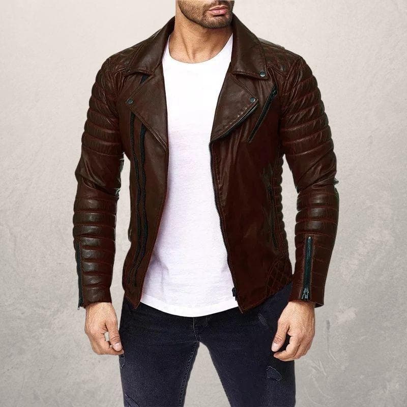 Herre Biker Læderjakke - Asymmetrisk Lynlås - Slim Fit - Quiltede Skuldre & Ærmer