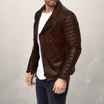Herre Biker Læderjakke - Asymmetrisk Lynlås - Slim Fit - Quiltede Skuldre & Ærmer