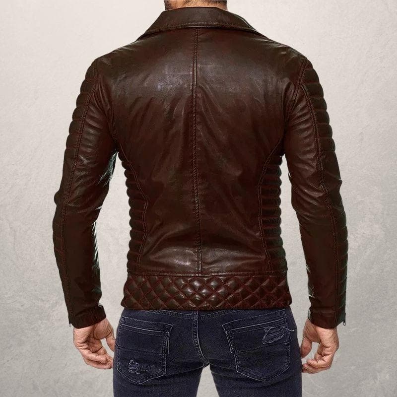 Herre Biker Læderjakke - Asymmetrisk Lynlås - Slim Fit - Quiltede Skuldre & Ærmer