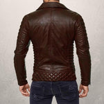 Herre Biker Læderjakke - Asymmetrisk Lynlås - Slim Fit - Quiltede Skuldre & Ærmer