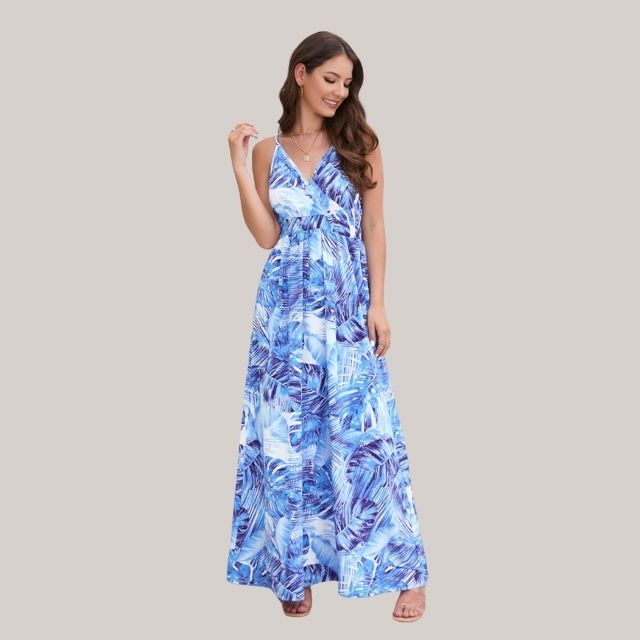 Liliana - maxi-kjole med bladtryk med slå-om-design