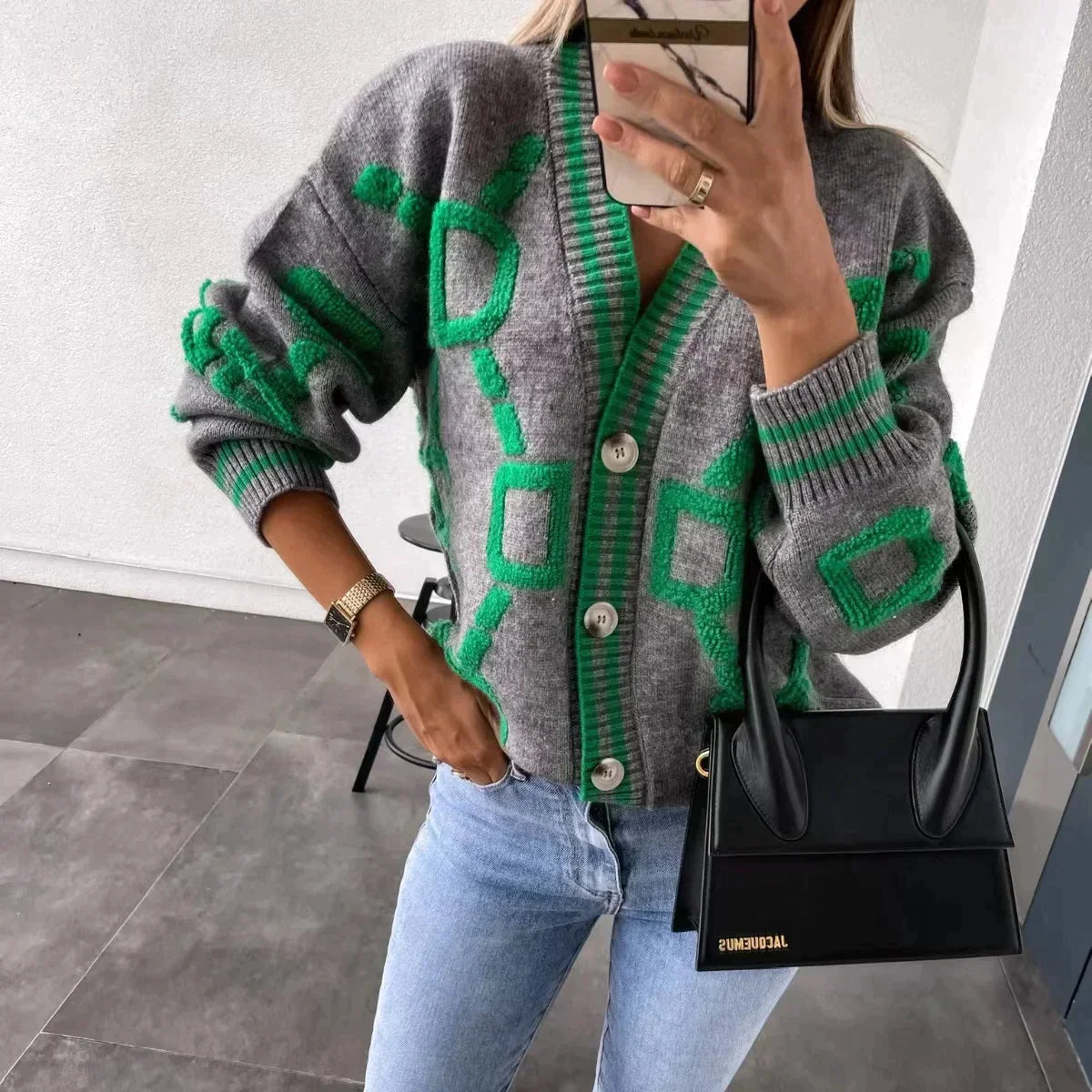 Emma | Grøn strikket cardigan til kvinder | Langærmet sweater