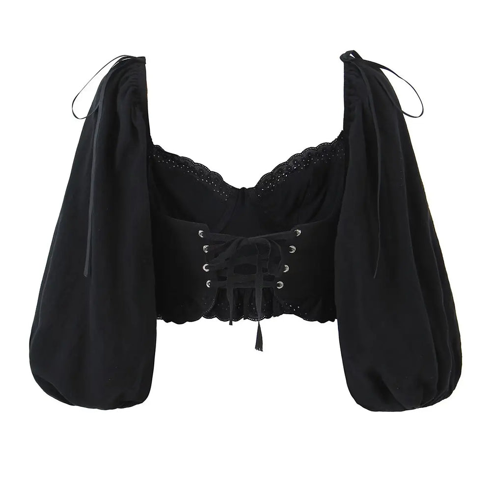 Bianca - Boho crop top med blondekant og pufærmer