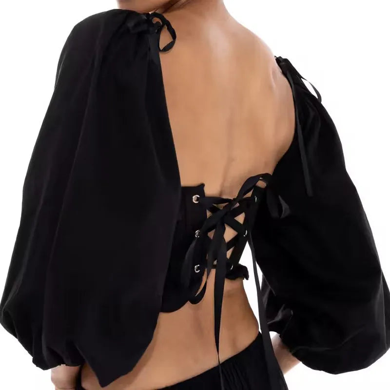 Bianca - Boho crop top med blondekant og pufærmer