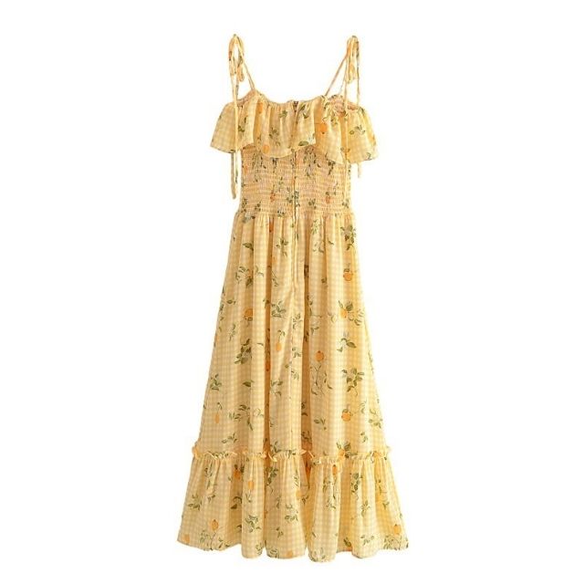 Tessa - Ruched midikjole med flæsekant