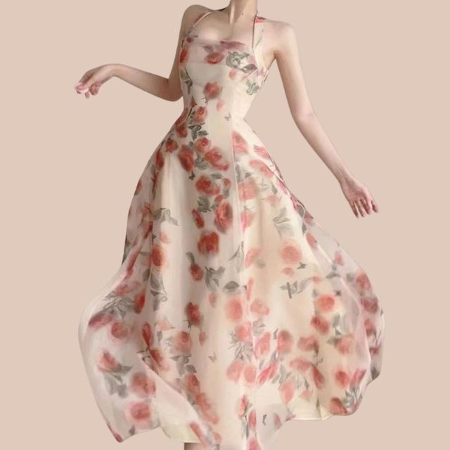 Sophia - halterneck blomstret A-linje kjole