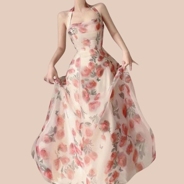 Sophia - halterneck blomstret A-linje kjole