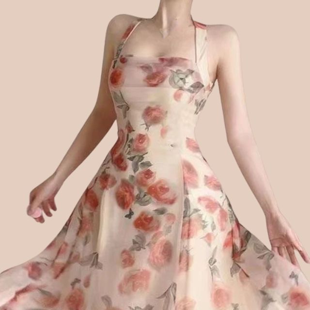 Sophia - halterneck blomstret A-linje kjole