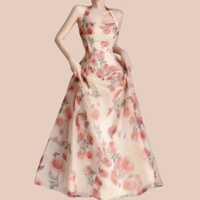 Sophia - halterneck blomstret A-linje kjole
