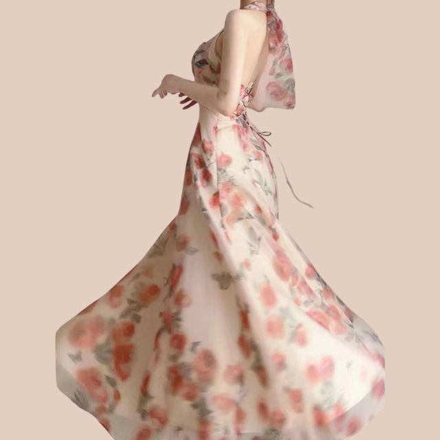Sophia - halterneck blomstret A-linje kjole