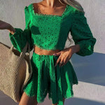 Elena - Blonde Crop Top og Shorts Sæt med pufærmer