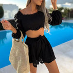 Elena - Blonde Crop Top og Shorts Sæt med pufærmer