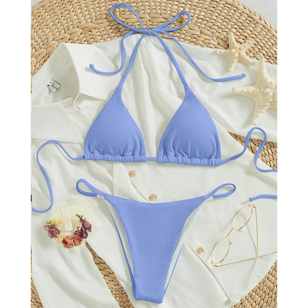 MODA Ensfarvet højtaljet halterneck-bikinier i pitstribet stof