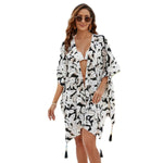 MODA Sort kimono med bladprint, v-hals og kvaster