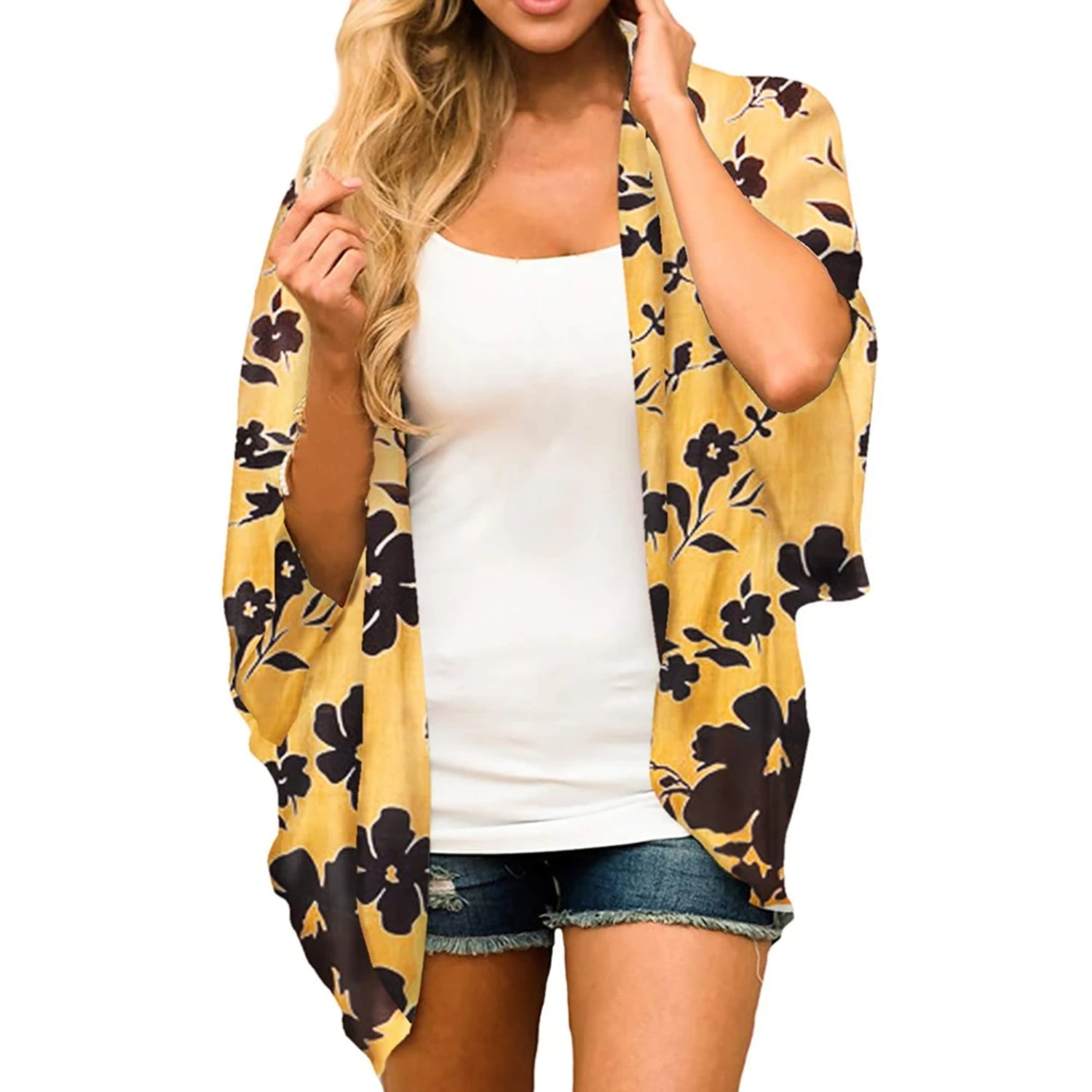 MODA Fleece-kimono med tropisk print og åben front