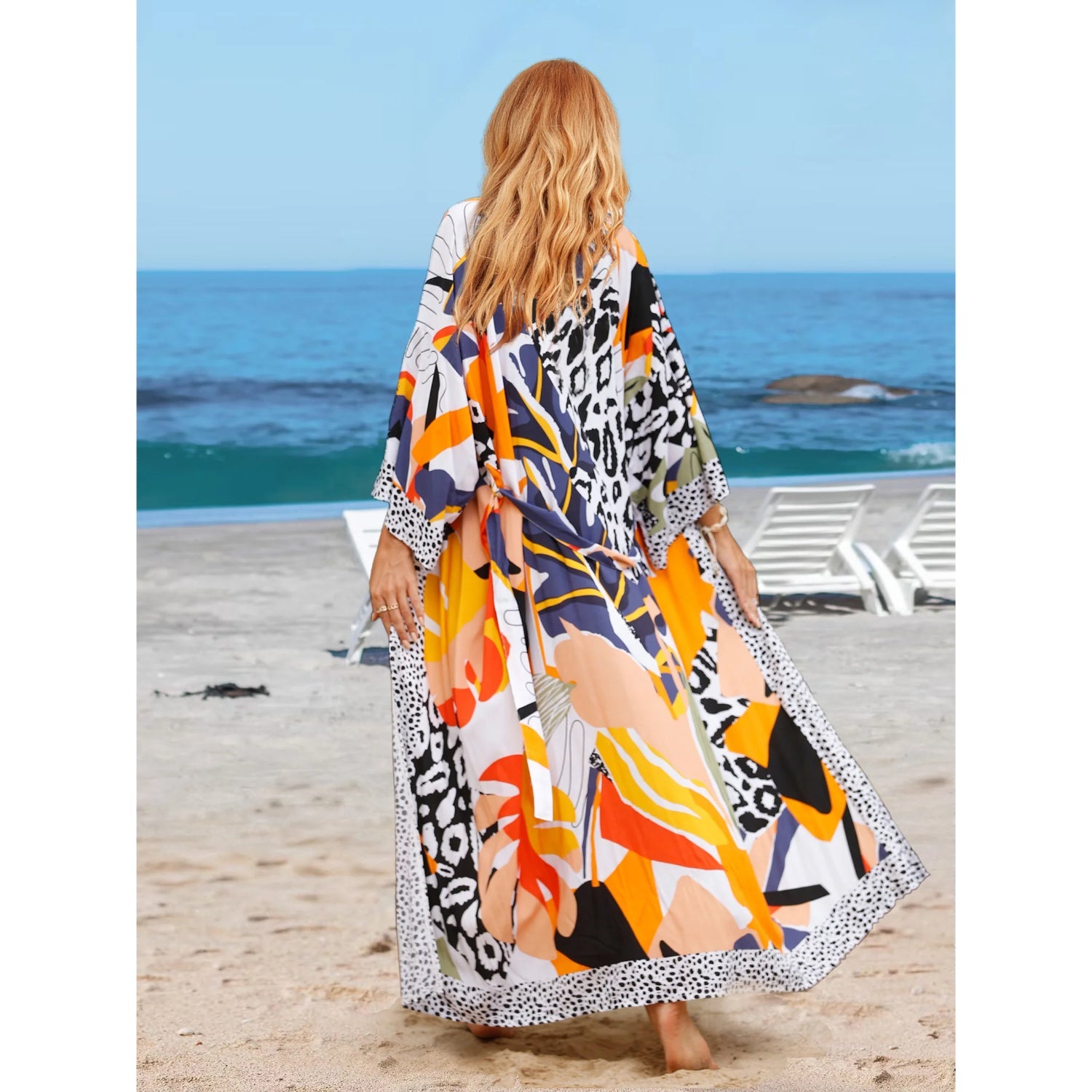 MODA boheme printet bælte fleece kimono