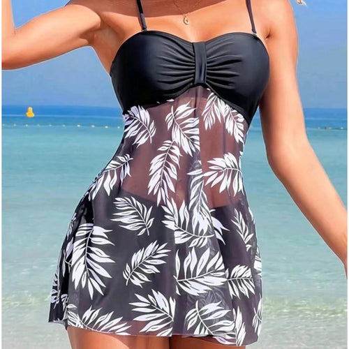 MODA letvægts tankini med sort bladermønster