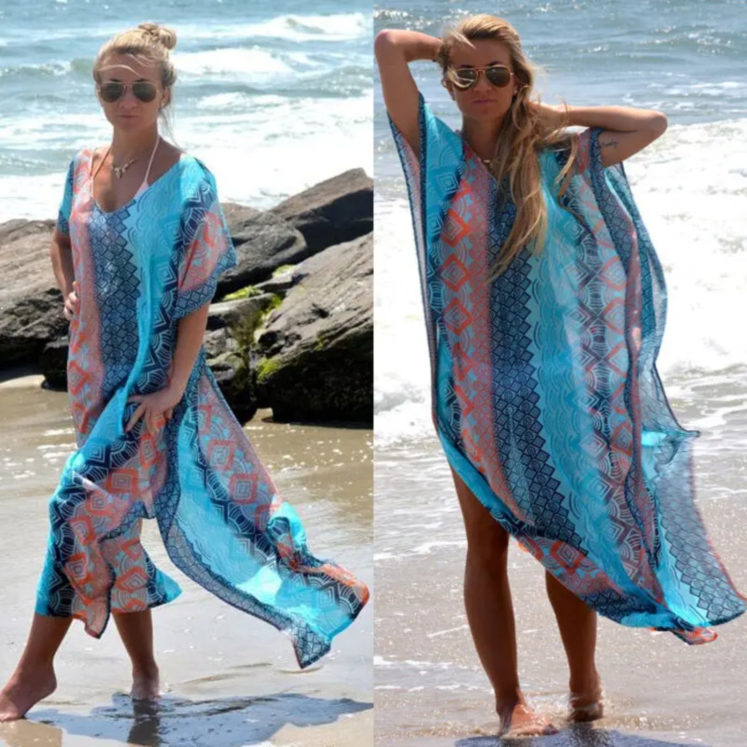 MODA blå printet letvægts-kimono med v-hals