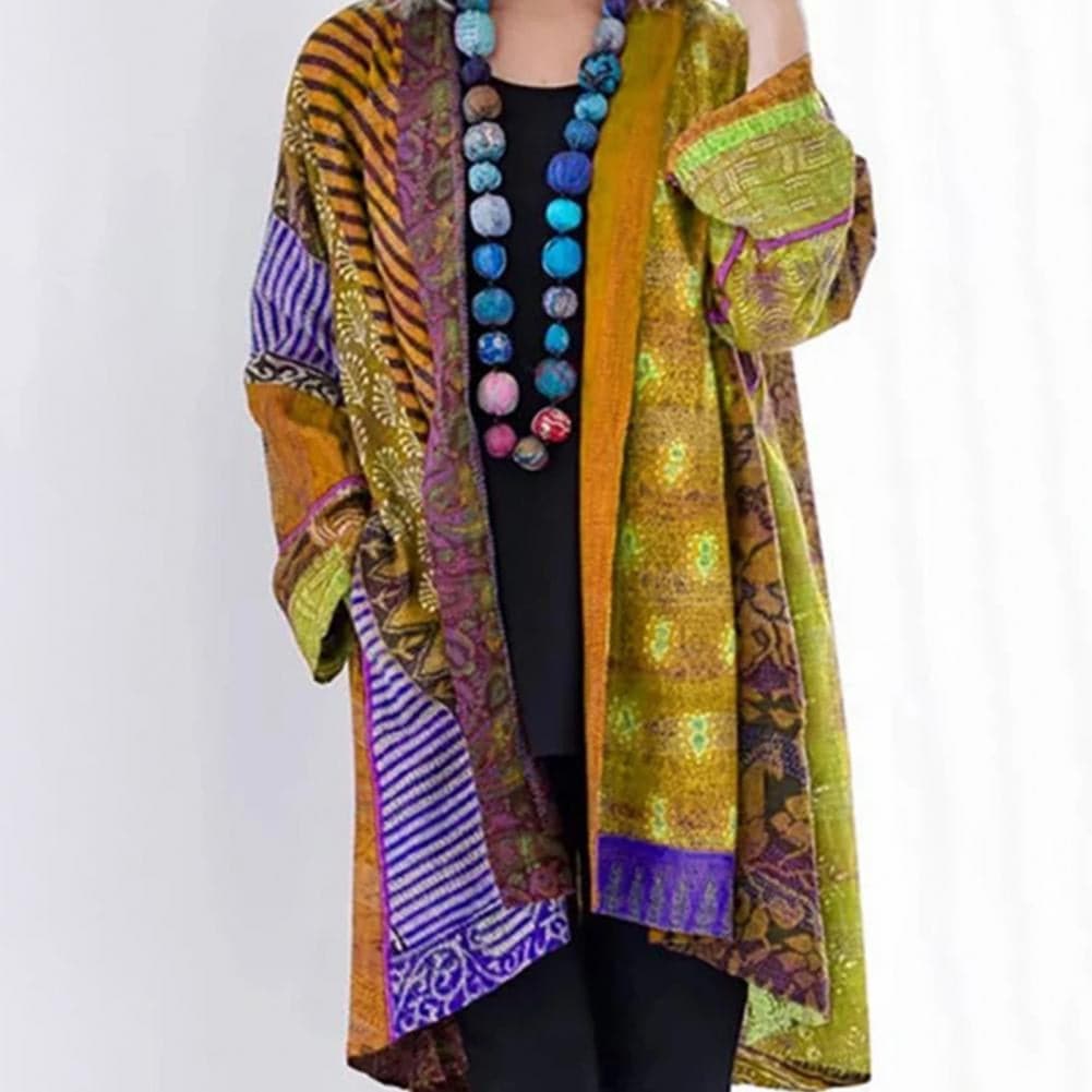 Dame Lang Kimono - Patchwork Design - Boheme Stil - Let og Luftig - Åben Front