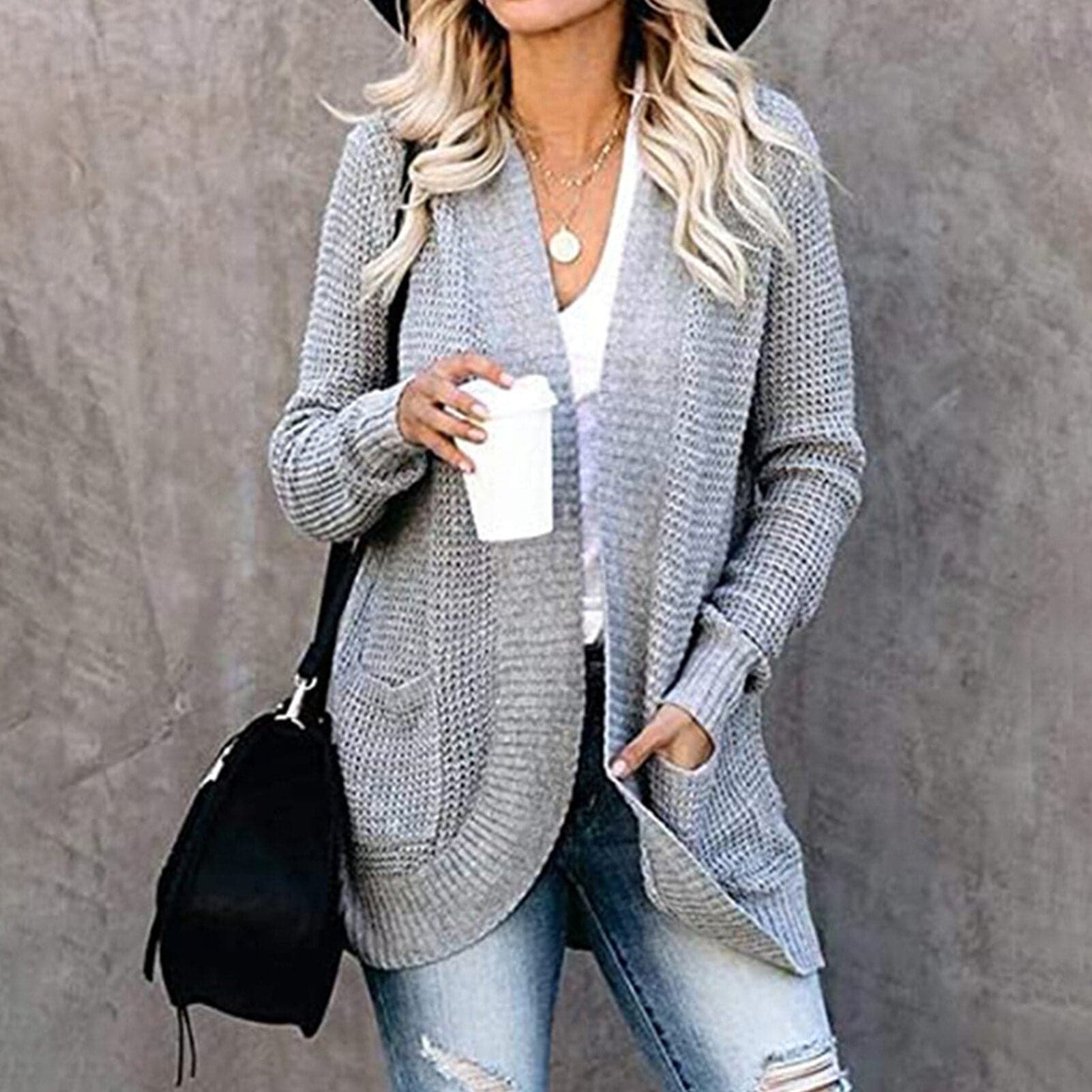 Dame Strikket Cardigan - Langærmet Løs Pasform - Åben Front med Store Lommer