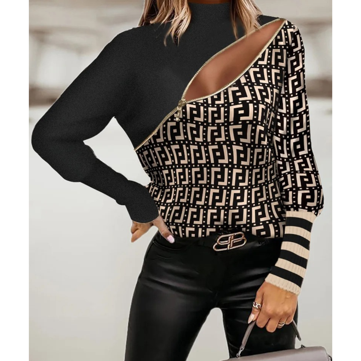 MODA forretningsmæssig stil elegant trykt lynlås dame bluse