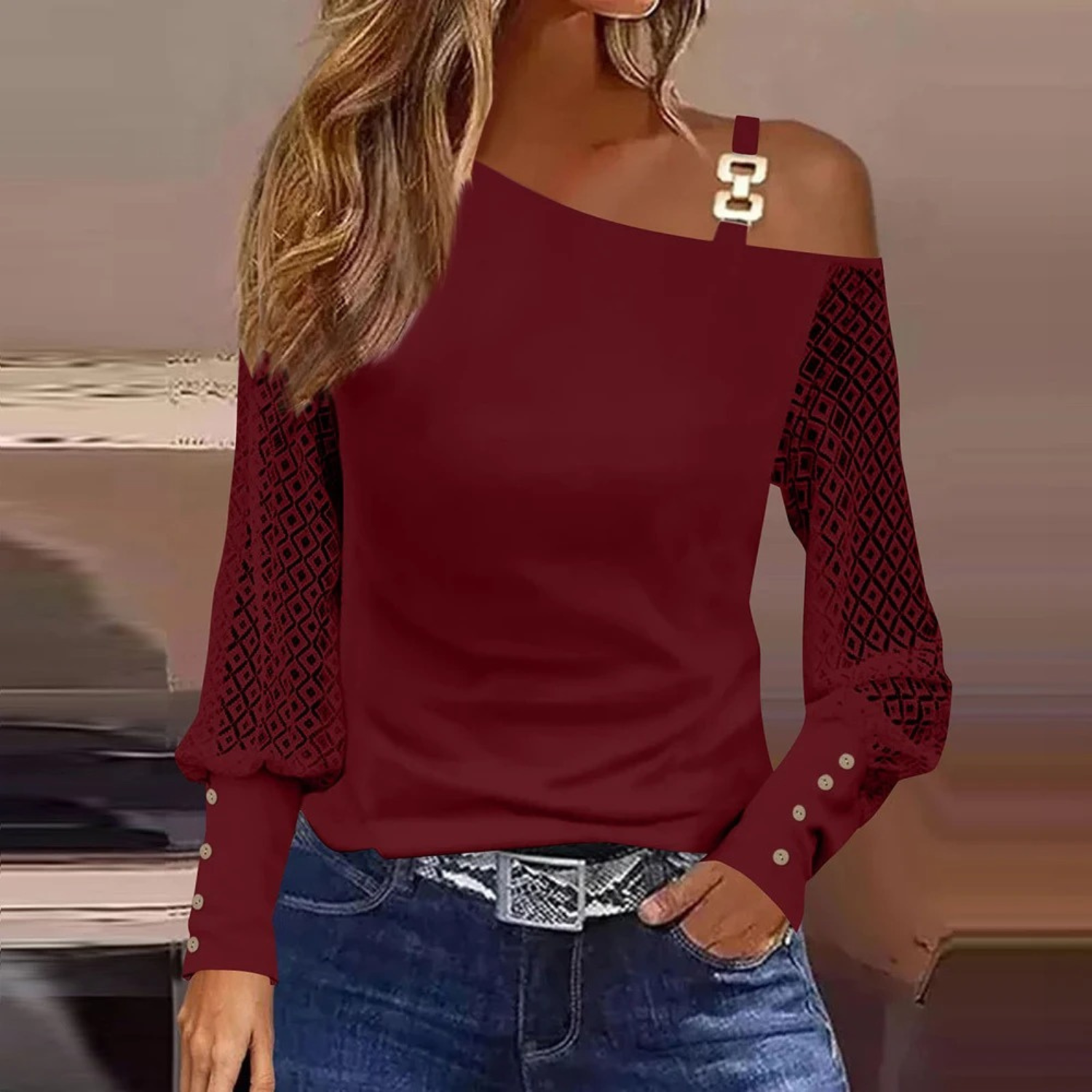 MODA elegant sort printet dame langærmet t shirt