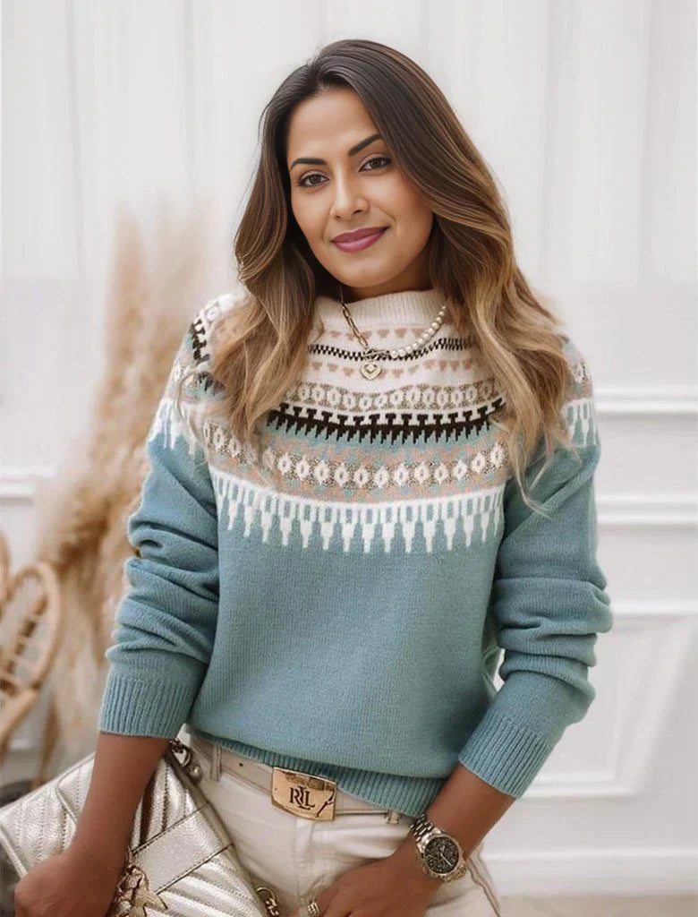 Dame Striktrøje - Fair Isle Mønster - Rund Hals - Blød og Varm