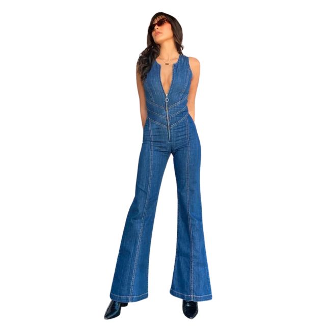 Retro denim jumpsuit med lynlås - Edel