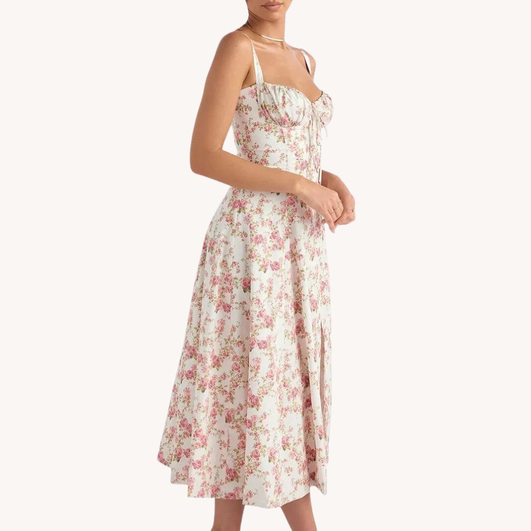 Liliana - Vintage Blomstret Midi Solskjole med Slids