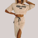 Liana - Casual crop top og nederdel med slogan