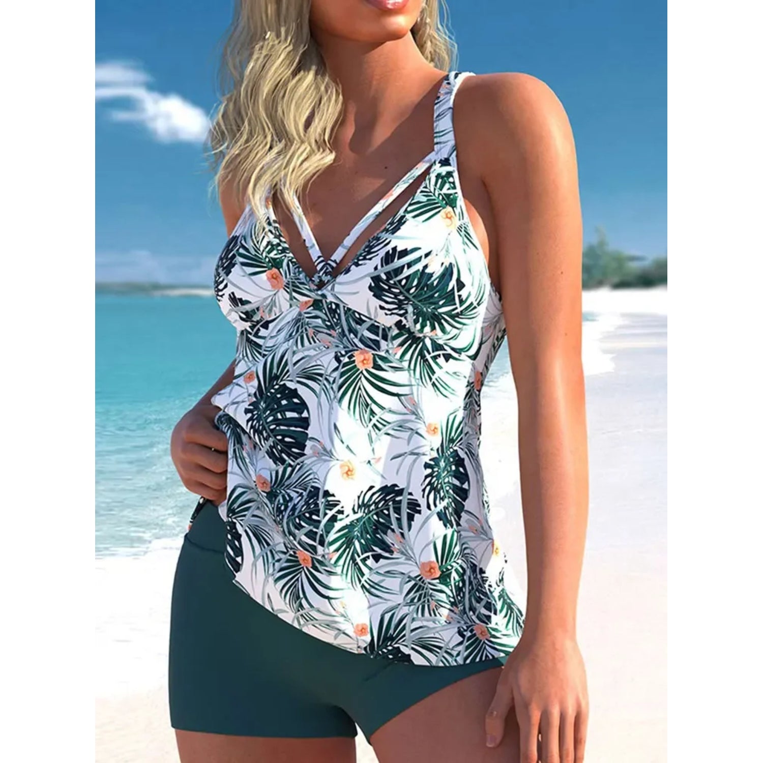 MODA tankini med naturligt botanisk mønster og krydsrem