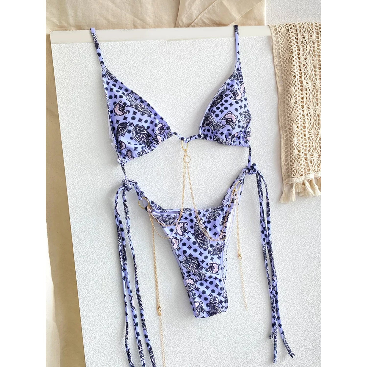 MODA Blomsterprintet todelt trekantet bikinier med kæder