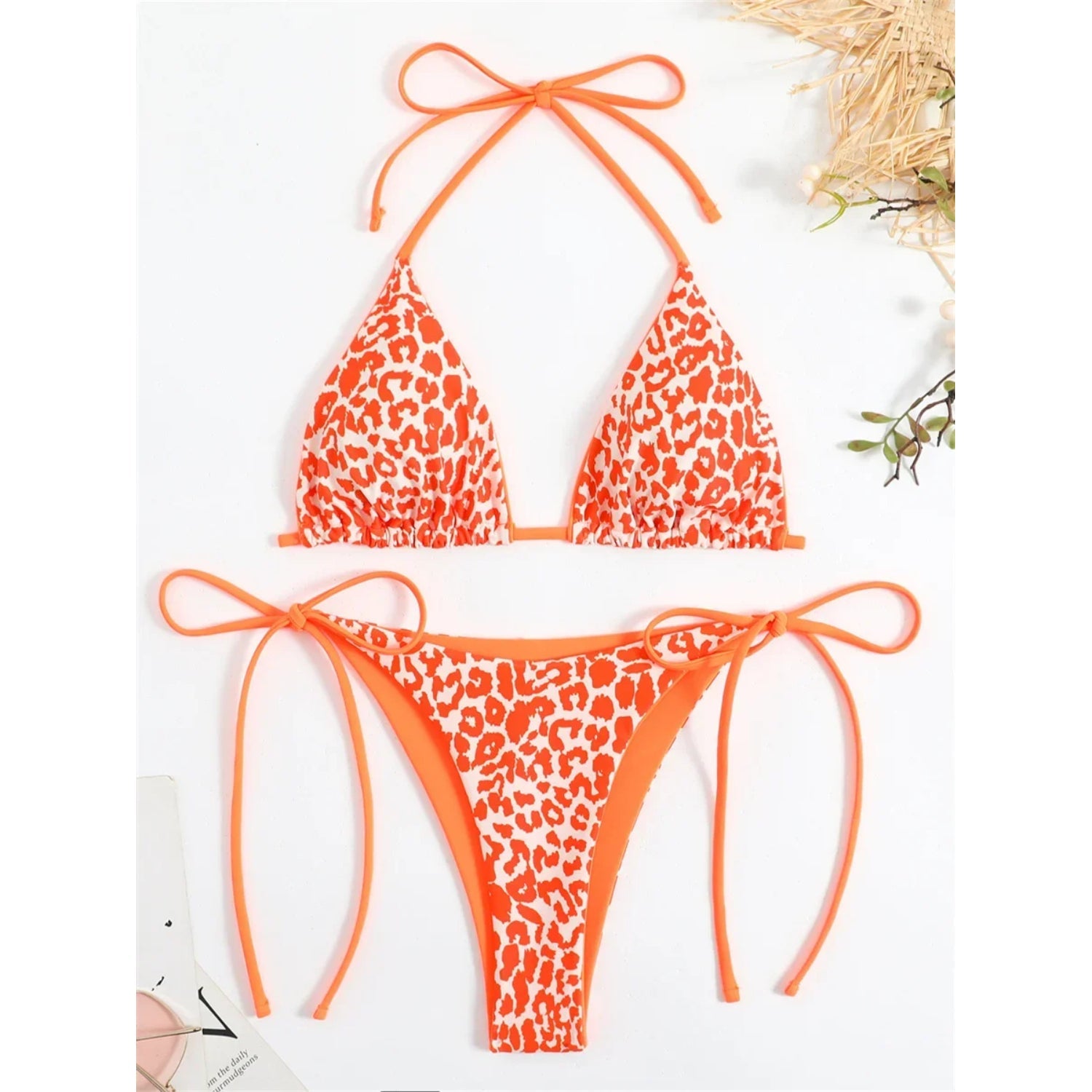 MODA Rosa leopardprint neon dobbeltsidet push-up micro bikinier