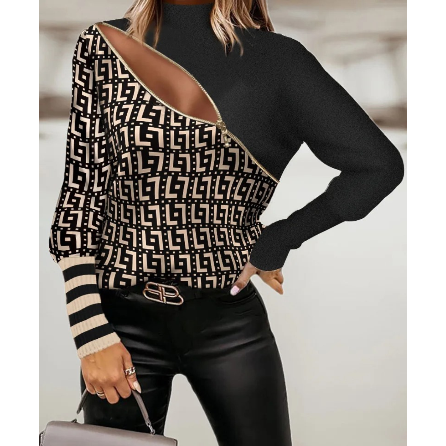 MODA forretningsmæssig stil elegant trykt lynlås dame bluse